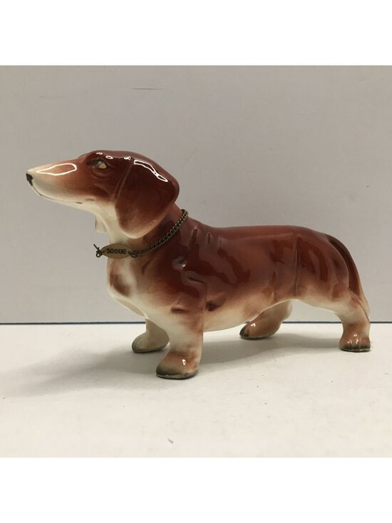 Japan Other - Ceramic Dachshund Dog Hand Painted Figurine Red Brown Collar Chain Japan